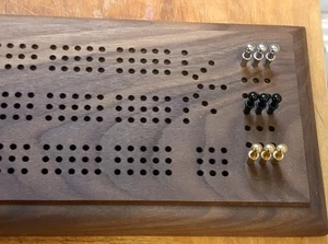 Handmade Continuous 3 Track Cribbage Set, Solid Walnut with 3 sets of Metal Pegs - Picture 1 of 8