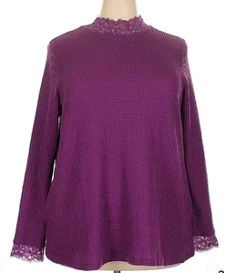 "NEW" LOGO By Lori Goldstein sz XL Metallic Waffle Knit Lace Trim Mock Neck Top - Picture 1 of 12