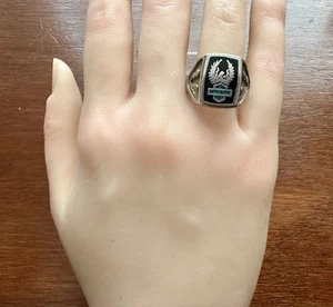 Silver Tone Black Enamel Turquoise Inlay Mens Signet Ring Motorcycle Sz 8.75 - Picture 1 of 9