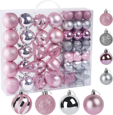 60 Pezzi Palle per Albero Di Natale. Decorazione Glitter in Color Rosa E Argento - Immagine 1 di 4