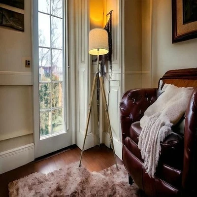 Modern WITHOUT SHADE Wooden Tripod Floor Lamp Natural Finish for Living Room - Image 1 of 4