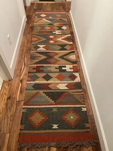 Turkish Kilim Runner Rugs Tribal Geometric Multi Colored Fringe Ends - Picture 1 of 5