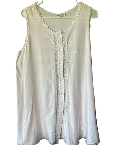 Camicia da notte vintage Christian Dior taglia L rosa senza maniche pizzo bordato con bottoni