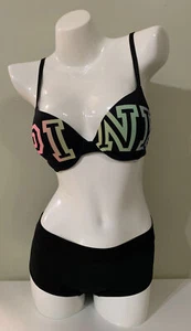 NEW Victoria's Secret PINK Push Up Bra 32B 34A & XS Panty Set Black Rainbow  - Picture 1 of 12