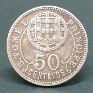 Portuguese Colony S. TOMÉ AND PRÍNCIPE 1928 Alpaca Coin 50 CENTAVOS - Picture 1 of 4