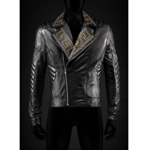 New Golden Silver Studded Men’s Black Cowhide Leather Jacket - Picture 1 of 3