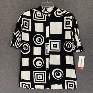 Vintage 90s Top M Womens Button Up Short Sleeve Roll Tab Black Robbie Sport 80s - Picture 1 of 12