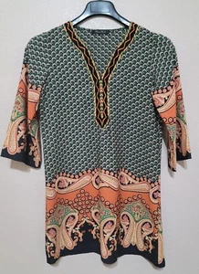 Honey Punch Dress Womens Sz Sm Navy Orange V-Neck Embroidered Paisley Flowy Boho - Picture 1 of 8
