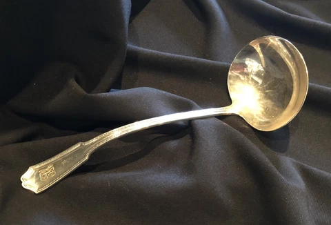 Antique Sterling Silver Punch Bowl or Soup Serving Ladle Hallmarked Monogram Cover