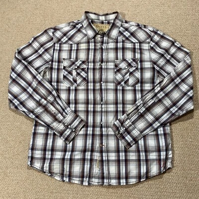 Guess Western Shirt Mens Large Slim Fit White Brown Plaid Pearl Snap USA Retro - Image 1 of 4