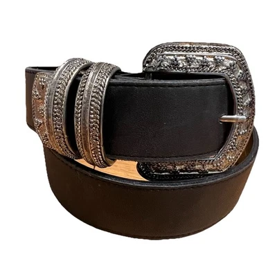 VTG 90s A. Brod Black Leather Belt Brushed Silver Buckle M Made In USA 7803 - Image 1 of 4