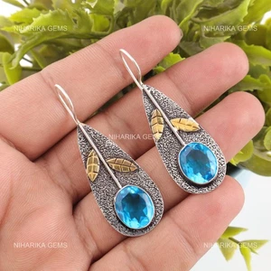 925 Argento Ovali Svizzero Blu Topazio Pietra Gancio Pendente Anniversario Mamma - Foto 1 di 10