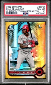 ELLY DE LA CRUZ 2022 1st Bowman Chrome YELLOW REFRACTOR/75 PSA GEM MINT 10🔥 - Picture 1 of 2