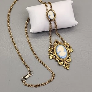 Collar camafeo vintage colgante doble azul estilo victoriano tono dorado 22,5" - Imagen 1 de 23