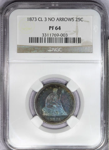 1873 Seated Liberty Quarter 25c No Arrows Closed 3 NGC PF64 PR64 Beautiful color Cover