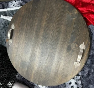 Round Wooden Tray With Shiny Silver-Tone Handles - Picture 1 of 2