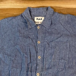 FLAX Shirt Mens Small Relaxed 100% Linen Button Up Blue Short Sleeve - Picture 1 of 9