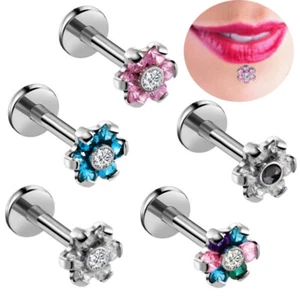 16G Flower Zircon Labret Internally Threaded Monroe Lip Ear Bar Rings Piercing - Picture 1 of 9