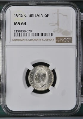 Great Britain - 1946 George VI Silver 6 Pence - NGC MS64 - Image 1 of 2