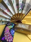 Vintage Wooden Hand Fan Floral Design Flowers MUSIC BOX WALLET Peacock Asian