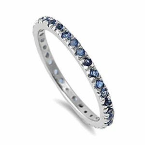 Ring Sterling Silver 925 Blue Sapphire CZ Rhodium Plated Band Width 2 mm Size 11 - Picture 1 of 2