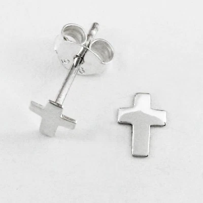 6mm CROSS Stud Post Earrings in SOLID 925 Sterling Silver - NEW! - Image 1 of 4