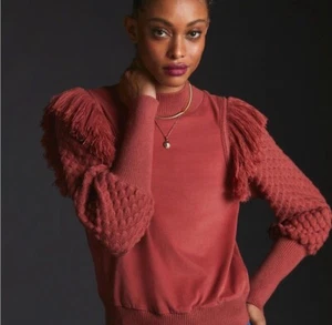 Maglione donna Anthropologie nuovo con etichetta DOLAN frange bolla trapuntato manica cacao XXS - Foto 1 di 8