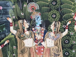 Antigua Obra de Arte India Dorado Tanjore Thanjavur Arte Indio Pintura sobre Seda IN - Imagen 1 de 12