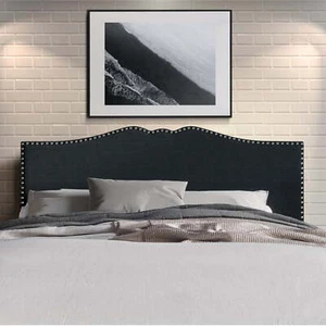 King Size Headboard Charcoal Grey Upholstered Nailhead Trim Adjustable Height - Picture 1 of 12