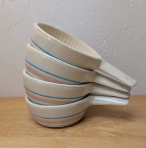 Set Of 4 Vtg McCoy Pottery 874 Pink & Blue Stripe Handle Soup Bowls - Picture 1 of 11