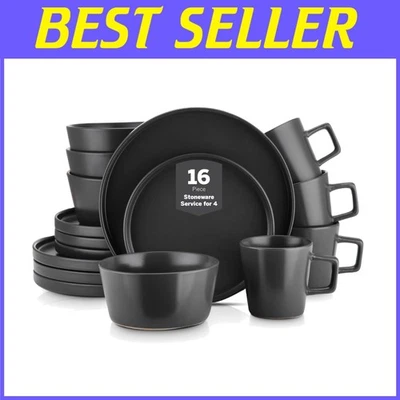 Celina Black Matte Stoneware Dinnerware Set - Service for 4 - Image 1 of 4