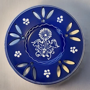 Vtg Hungarian Openwork Pottery Wall Plate Bowl BLUE Cut Outs Folk Art SIGNED - Picture 1 of 7