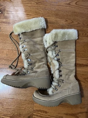 Y2K Report Icon Faux Fur Suede Leather Lace Up Chunky Platform Boots Womens US 9 - image 1 of 4