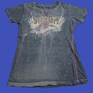 Camiseta grande para mujer Sinful By Affliction alas corazón amor y orgullo negra gris - Imagen 1 de 10