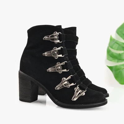 Botas de Escalador para Mujer Talla 8.5 Negro Gamuza Hebilla Correa Tacón Bloque Botines al Tobillo Foto 1 de 4