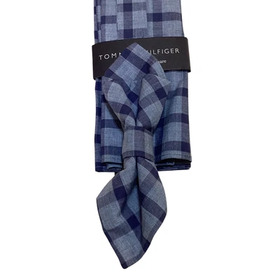 TOMMY HILFIGER Men's Cotton BOW TIE & POCKET SQUARE Set Designer PLAID Blue NWT - Image 1 of 2