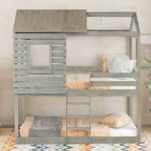 Solid Wood House Bunk Bed Twin Over Twin Kids Bunk Bed Frames Bedroom Furniture