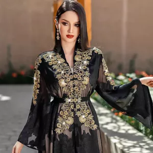 Ramadan Embroidery Open Kaftan Women Muslim LOng Dress Set Abaya Dubai Robe Prom - Foto 1 di 25