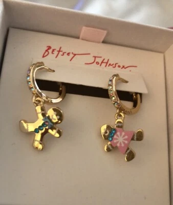 Betsey Johnson Gold Tone Huggie Hoop Earrings Gingerbread Man & Girl Charm NIB - Image 1 of 4