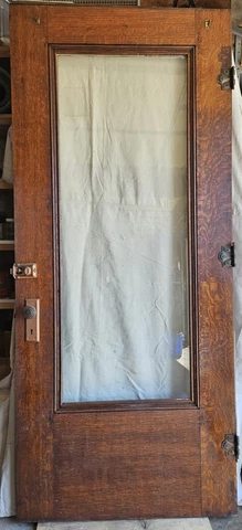 Antique Full View Beveled Glass Oak Door With Original Hardware Cover