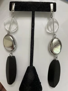 Modernist Black Silver Clear Long Dangle Earrings Wood Acrylic Drop Beads - Picture 1 of 8