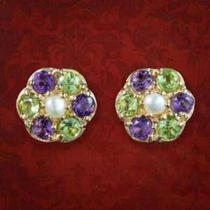 EDWARDIAN STYLE SUFFRAGETTE CLUSTER STUD EARRINGS 9CT GOLD - Picture 1 of 6