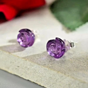 Genuine Amethyst Rose Hand-carved Crystal Sterling Silver Healing Woman Earrings - Picture 1 of 7