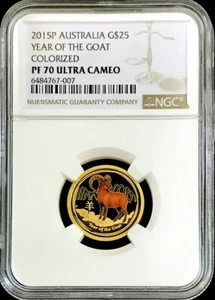 2015 P GOLD AUSTRALIA 1/4 oz LUNAR YEAR OF GOAT COLORIZED COIN NGC PROOF 70 UC - Picture 1 of 2