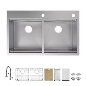 Glacier Bay Drop In 36 in Double Bowl 16 G Kitchen Workstation Sink & Faucet - Picture 1 of 1