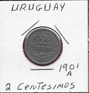 URUGUAY 2 CENTESIMOS 1901A RADIANT SUN DESIGN,VALUE WITHIN WREATH - Picture 1 of 2