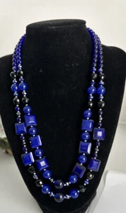 Glass cobolt blue square black round faceted iridescent silver beads 18” - Picture 1 of 15