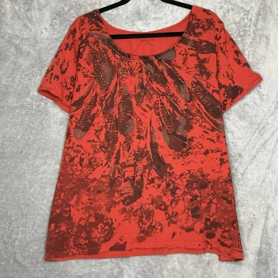 Relativity 2X Top Shirt Burnt Orange Feathers Short Sleeve Scoop Neck Stretch - Image 1 of 4