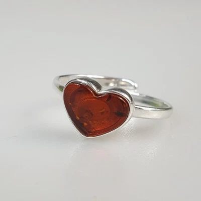 pequeno anel de prata 925 coração âmbar âmbar joias ajustáveis para crianças mulheres - Imagem 1 de 4