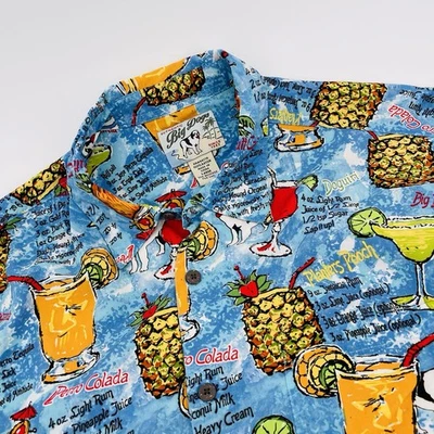Camisa havaiana masculina grande azul coquetel bebidas receitas Aloha Big Dogs botão para baixo - Imagem 1 de 4